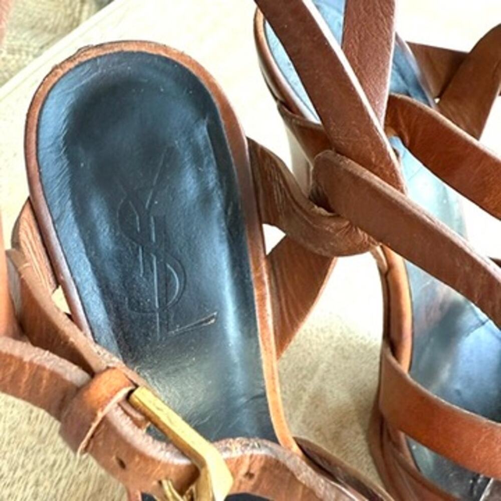 YSL SAINT LAURENT Tribute Platform Sandal Heel Cognac Leather 37.5 Italy Strappy - Picture 3 of 14